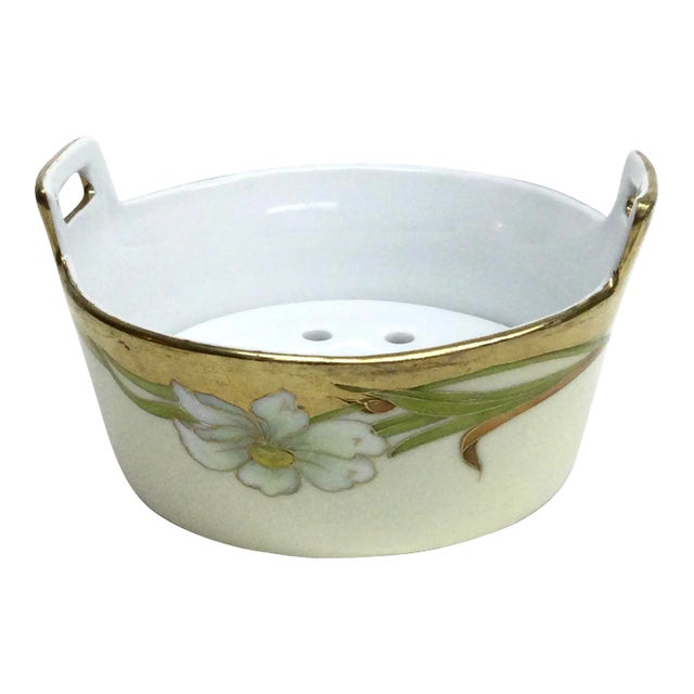 Artist Signed Celos Bavarian China Butter Tub Floral Pattern Gold Painted For Sale