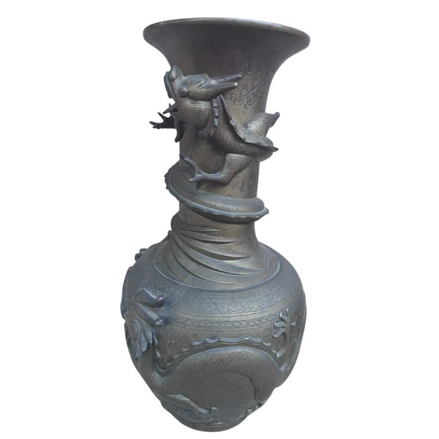 Bronze Antique Signed Asian Bronze Dragon Vase - Pair For Sale - Image 8 of 9