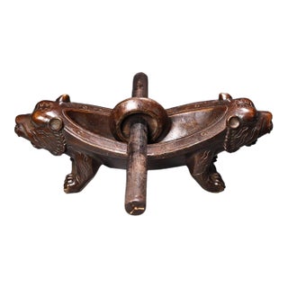 Late 19th Century Asian Bronze Double Tiger Head Herb Grinder With Pestle For Sale