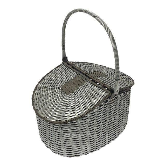 Mid-Century Woven Aluminum and Brass Lidded Basket For Sale