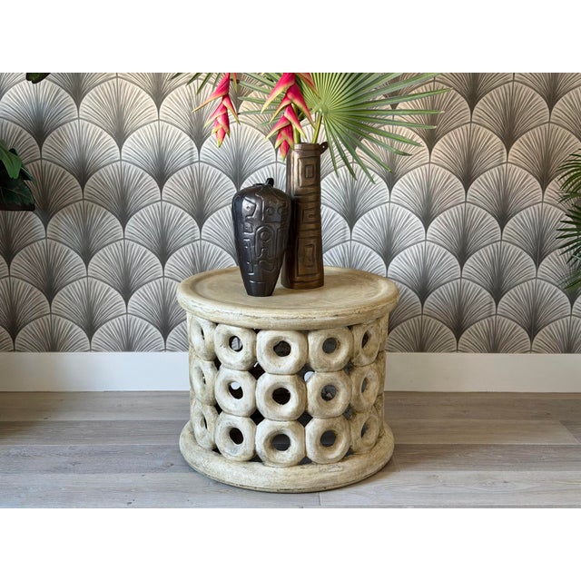 Tribal Antiqued Transitional Tribal Drum-Style Concrete “Dagen” Coffee Table by Made Goods For Sale - Image 3 of 12