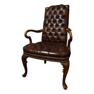 Vintage Hancock & Moore Queen Anne Mahogany Library Chair in Deep Brown Tufted Leather For Sale