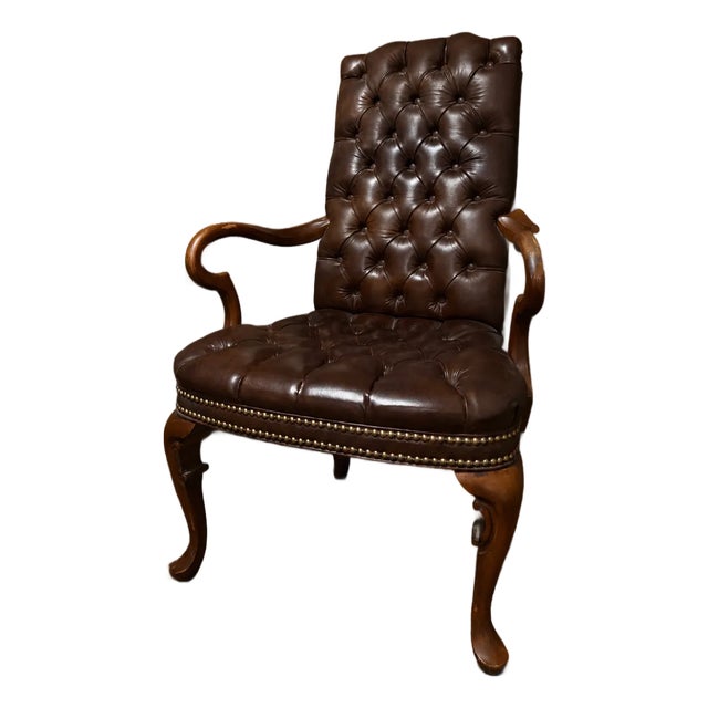 Vintage Hancock & Moore Queen Anne Mahogany Library Chair in Deep Brown Tufted Leather For Sale