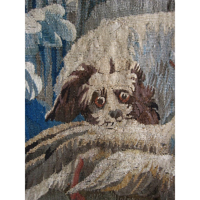 Textile French Aubusson Signed Verdure Dog Hunting a Duck Red Flowers Borders Circa 1700 Hundreds For Sale - Image 7 of 18