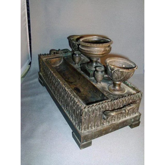 French 19th Century Gothic French Charles X Patinated Bronze Inkwell or Encrier For Sale - Image 3 of 8