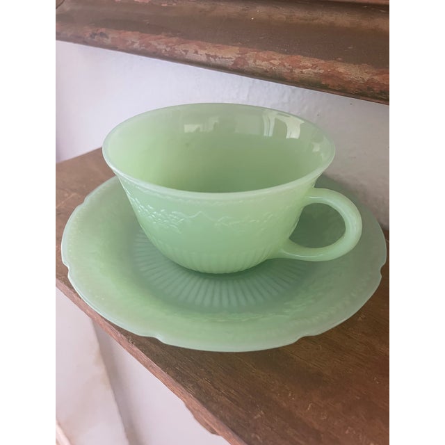 Vintage 1940’s Jadeite Pair “Alice” Floral Green Milk Glass Teacups With Plates! - 4pcs For Sale - Image 9 of 11