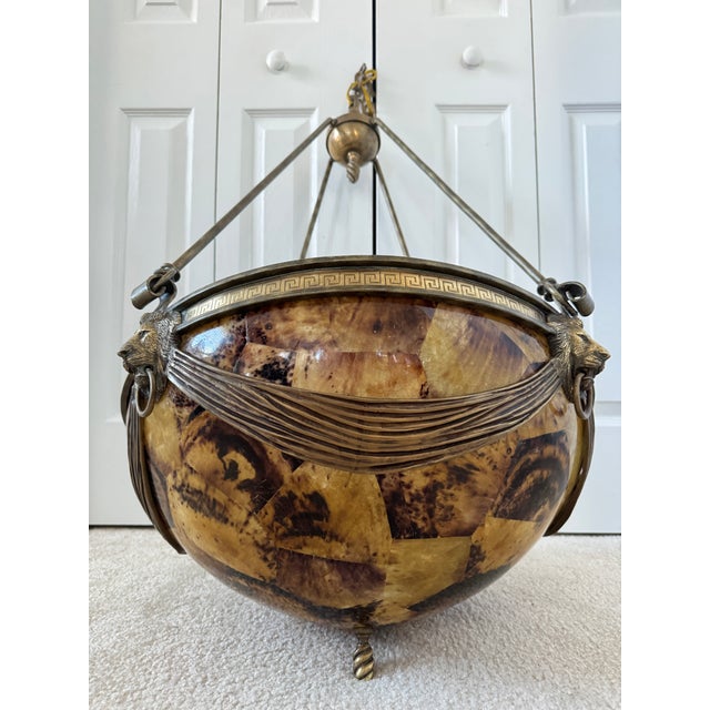 Vintage 1950s Neoclassical Gilded Brass Lion Heads Alabaster Pendant Chandelier For Sale - Image 4 of 18