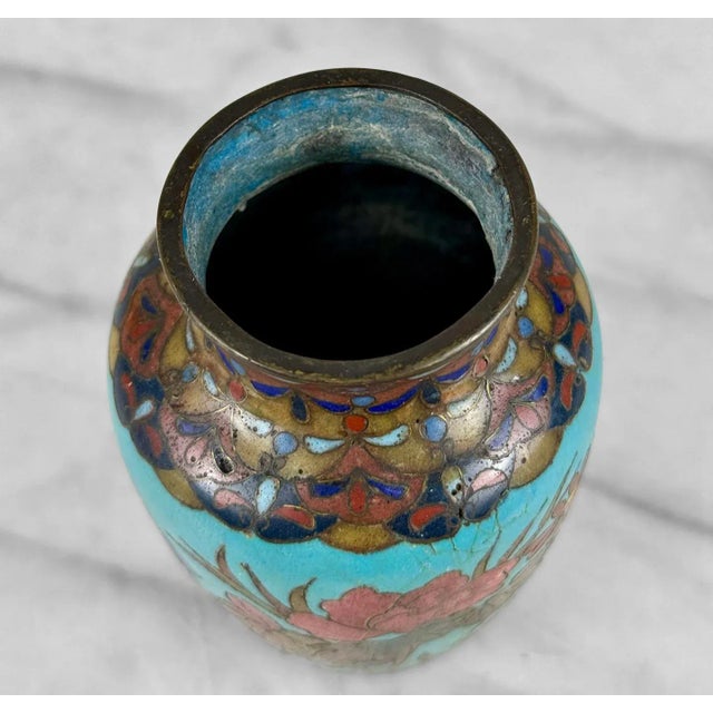 Antique Chinese Cloisonne Turquoise Enamel & Brass Floral Vase - a Pair For Sale - Image 6 of 10