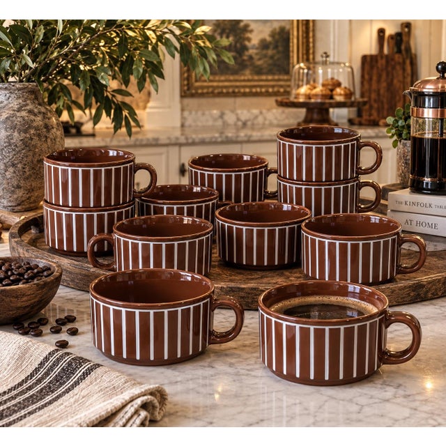 Vintage Curzon Brown & White Pinstripe Ceramic Coffee, Hot Chocolate, or Soup Mugs, Set of 10 For Sale In Houston - Image 6 of 7