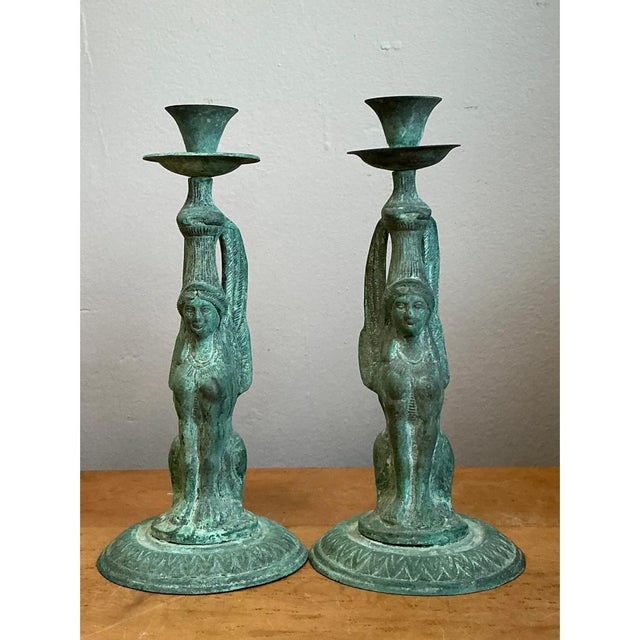 Vintage Patinated Metal Winged Sphinx Candelabras - Pair For Sale - Image 4 of 12