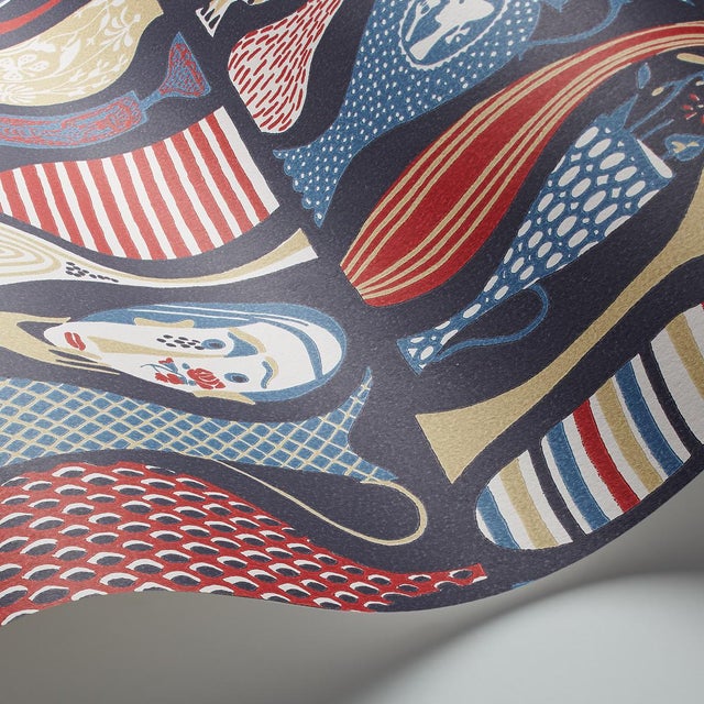 Pottery in navy-and-red is a shape-shifting pattern by influential Swedish designer Stig Lindberg. This BorÃ¥stapeter...