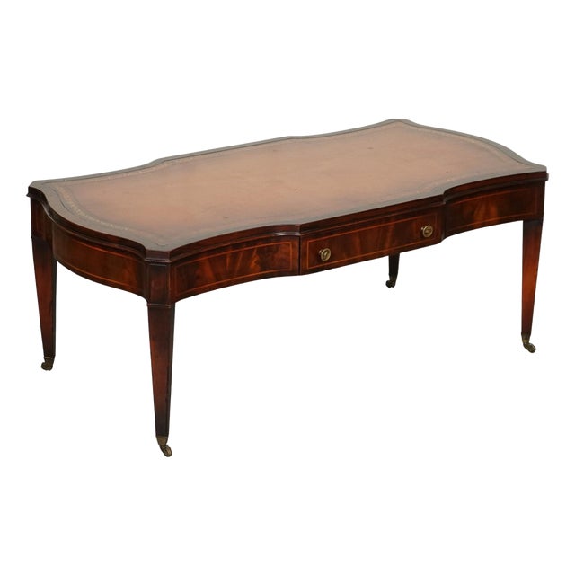 Vintage Heirloom Brown Leather Top Coffee Table from Weiman For Sale