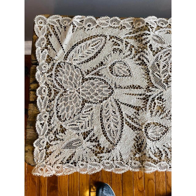 Cream Antique Museum Battenburg Lace Tablecloth Runner For Sale - Image 8 of 13