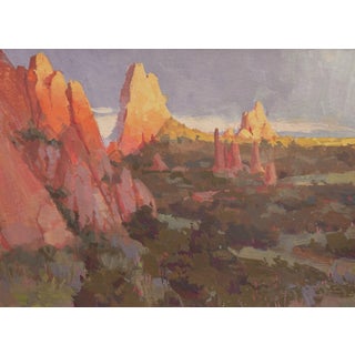 Olympus by Judd Mercer | Gouache Landscape of rocky formations at sunset For Sale