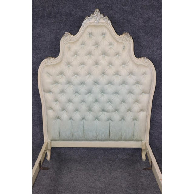 Pair Tufted French Louis XV Painted Silk/Damask Paint Decorated Twin Size Beds For Sale - Image 13 of 15