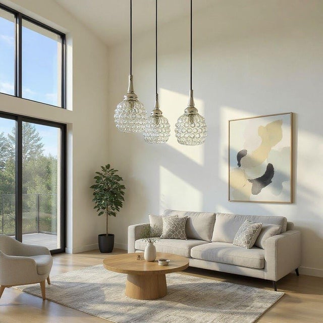 This cascading chandelier features three textured glass pendants suspended from a compact black ceiling mount. Each shade...