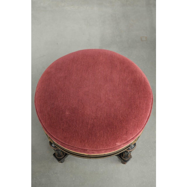 Antique English Stool with Red Fabric Seat and Black Wooden Base with Gold-Colored Details For Sale - Image 6 of 12