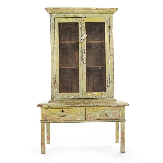 Glass Cabinet with 2 Drawers in Patinated Wood For Sale - Image 7 of 7