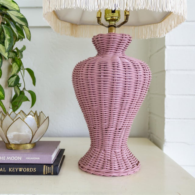 1970s Vintage Pink Wicker Lamp With Custom Fringed Shade For Sale - Image 5 of 10
