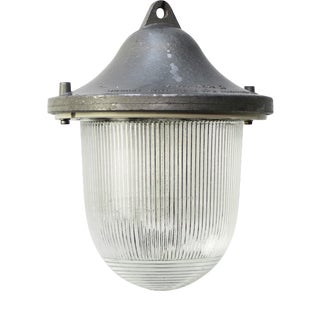 Vintage Industrial Grey Metal Holophane Glass Pendant Lamp For Sale