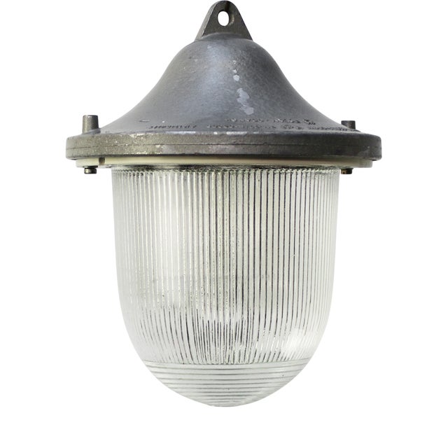 Vintage Industrial Grey Metal Holophane Glass Pendant Lamp For Sale