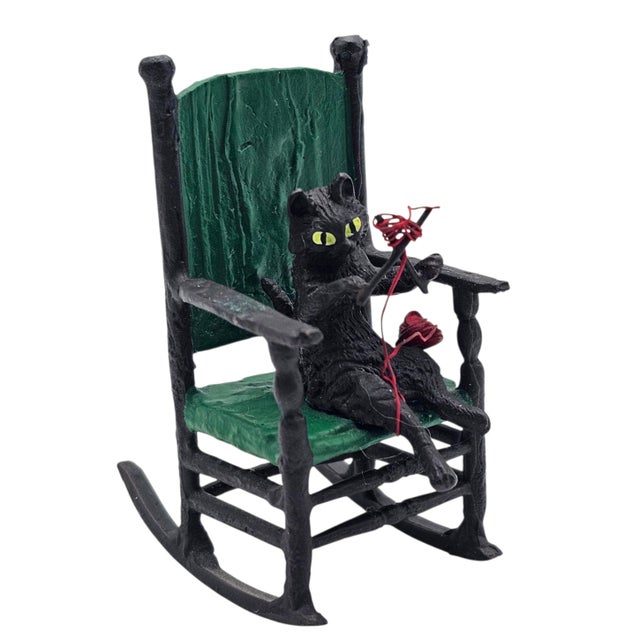 Black Austrian Cold-Painted Vienna Bronze Cat Knitting in Rocking Chair For Sale - Image 8 of 15