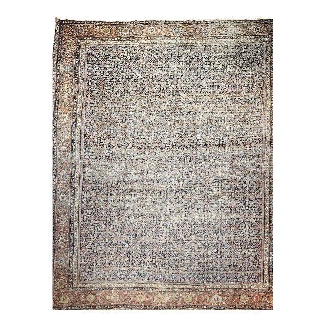 19th Century Oversized Persian Farahan, Hand-Knotted Wool, Allover Herati Geometric Pattern, Navy & Red, 14x18 For Sale