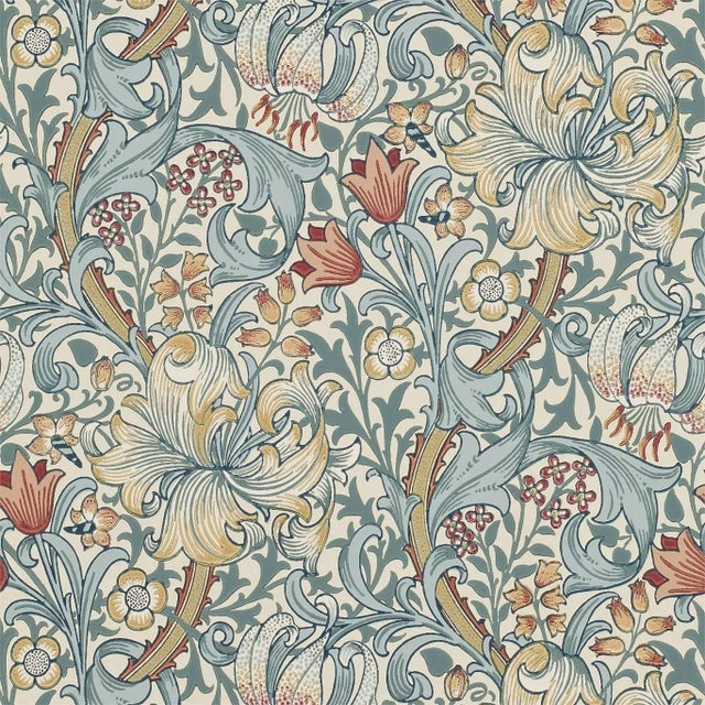 Morris & Co Golden Lily Wallpaper in Slate/Manilla For Sale