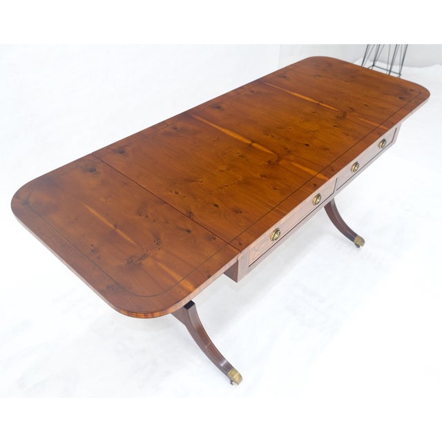 Yew Wood Drop Leaves Two Drawers Low Profile Brass Feet Desk Console Table MINT For Sale - Image 18 of 18