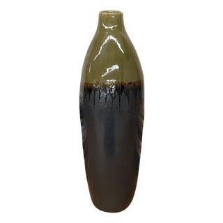 Olive and Charcoal Ceramic Vase with Amber Drip Glaze For Sale
