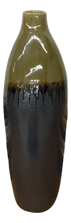 Olive and Charcoal Ceramic Vase with Amber Drip Glaze