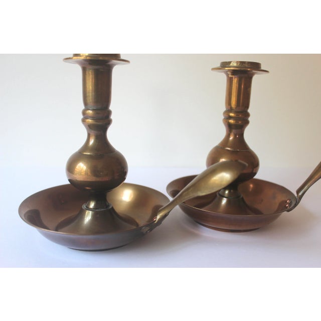 Gold 1970s Vintage Brass Candle Holders Pair of Chamber Sticks Solid Brass and Copper Rivets For Sale - Image 8 of 10