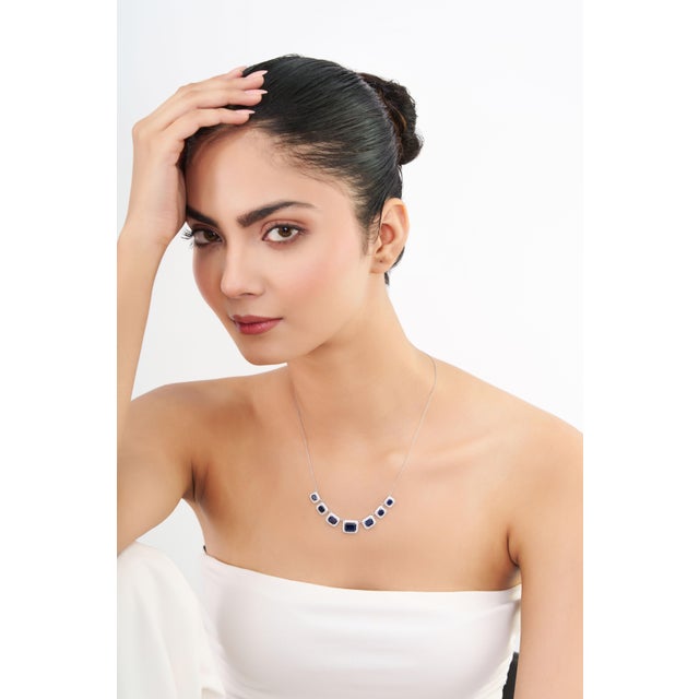 7.3ct Emerald-Cut Blue Sapphire Diamond Halo Station Necklace in 14k White Gold For Sale - Image 11 of 18