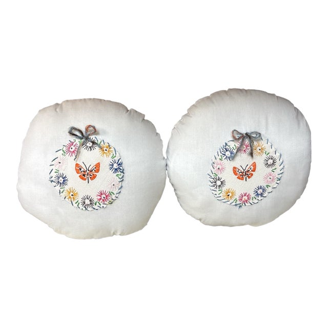 Orange Butterfly Embroidery 9 Inch Round Pillows Pack of 2 For Sale