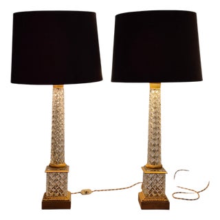 French Cut Crystal and Gilt Bronze Coloumn Table Lamps in the style of Baccarat, 1890s, Set of 2 For Sale