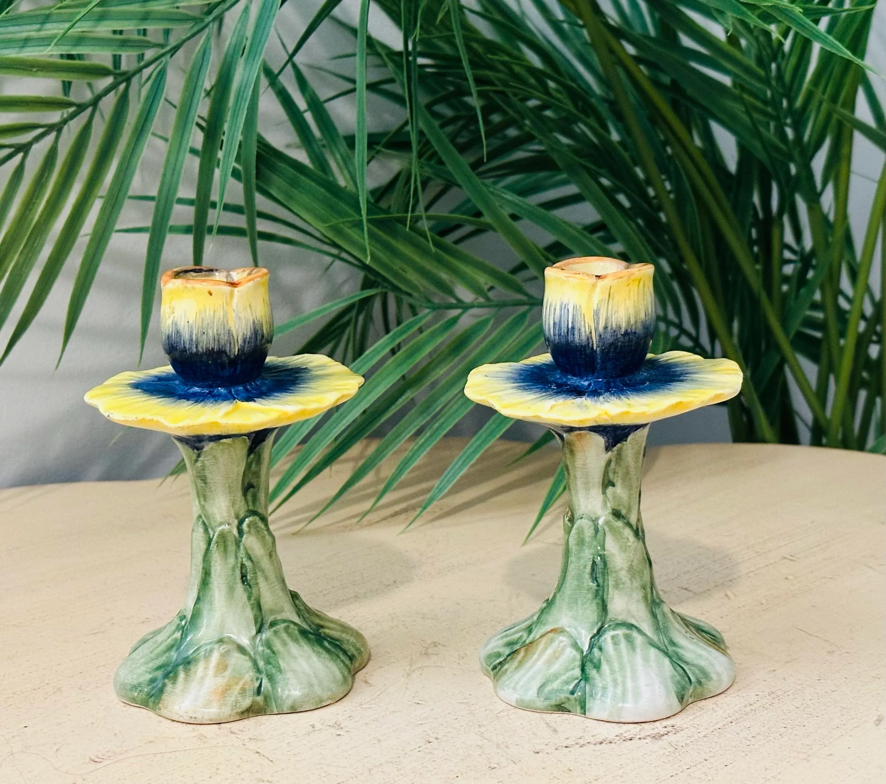 Vintage Italian Vietri Majolica Flowers Shaped Candle Holders - A