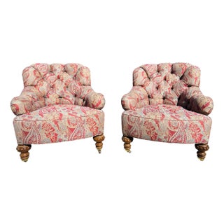 Late 20th C Baker Furniture Tufted Club Armchairs, George Smith Style Paisley Upholstery, Brass Casters – Pair For Sale