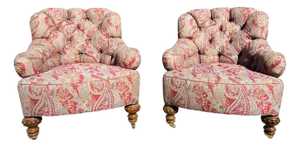 Late 20th C Baker Furniture Tufted Club Armchairs, George Smith Style Paisley Upholstery, Brass Casters – Pair