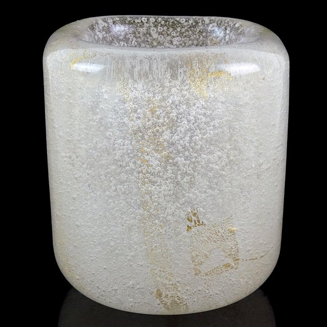 Beautiful antique Murano hand blown Sommerso clear white bubbles and gold flecks Italian art glass mini vase / vide poche....