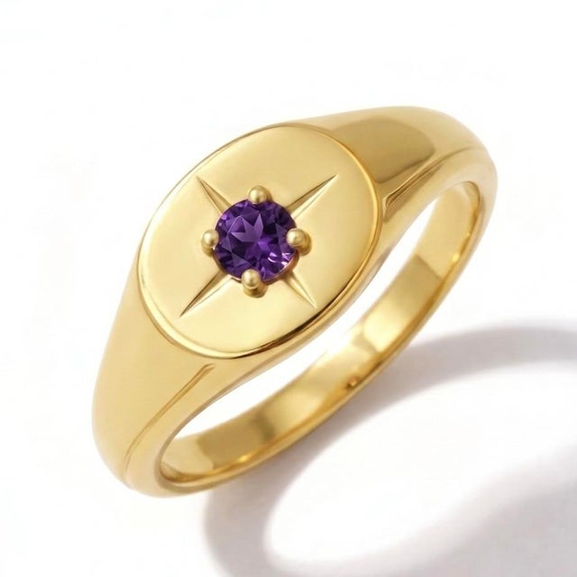 Contemporary Natural Amethyst Starburst Signet Ring - Unisex Everyday Stacking Ring Us 7 For Sale - Image 3 of 6