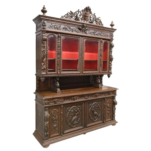 French 20th C. Antique French Henri II Style, Carved, Oak, Beveled Glass, Hunt Sideboard!! For Sale - Image 3 of 8