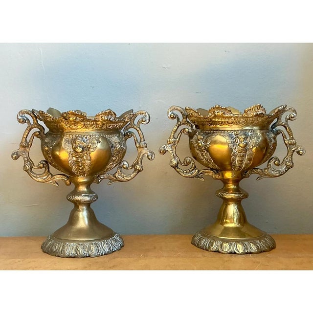 Vintage Brass Cherub Urns - A Pair For Sale In West Palm - Image 6 of 12