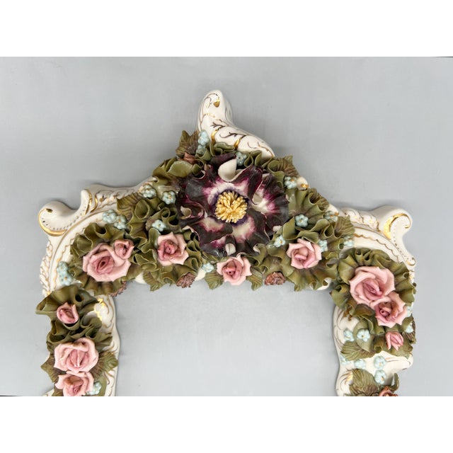 Ceramic Mid-Century Signed Italian Porcelain Floral Wall Frame With Shelf – Italian / Romantic / Rococo Revival / Capodimonte Style For Sale - Image 7 of 15