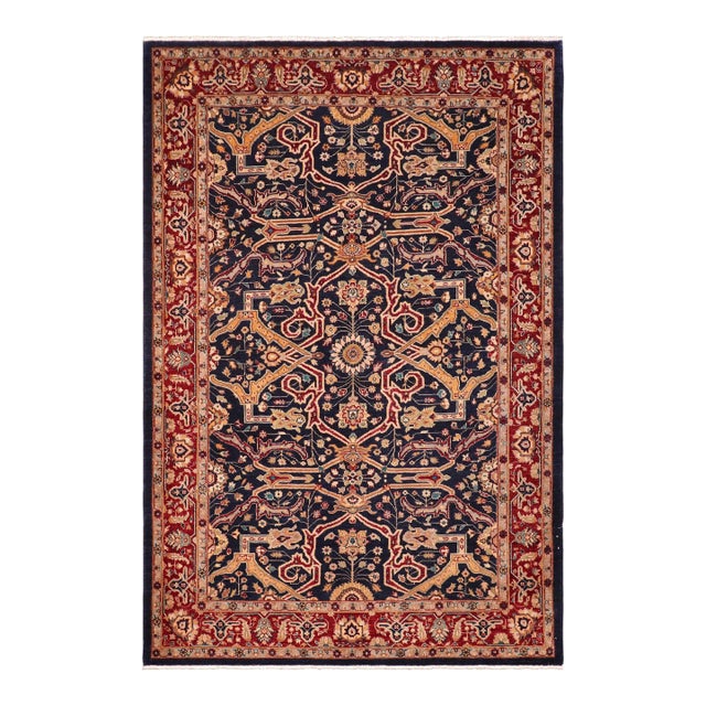Boho Chic Ziegler Blue Red Hand-Knotted Wool Rug - 6'4'' X 9'1'' For Sale