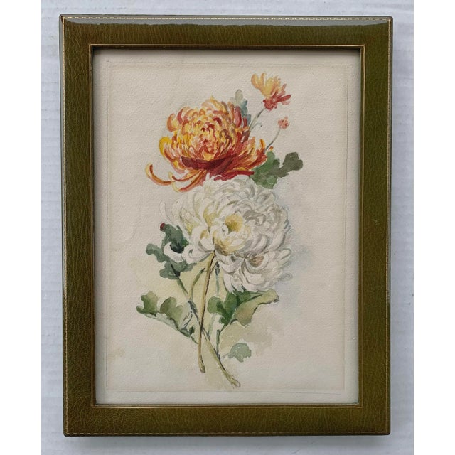 Glass Green Leather Frame Floral Watercolor Painting Chrysanthemum Flowers For Sale - Image 7 of 7