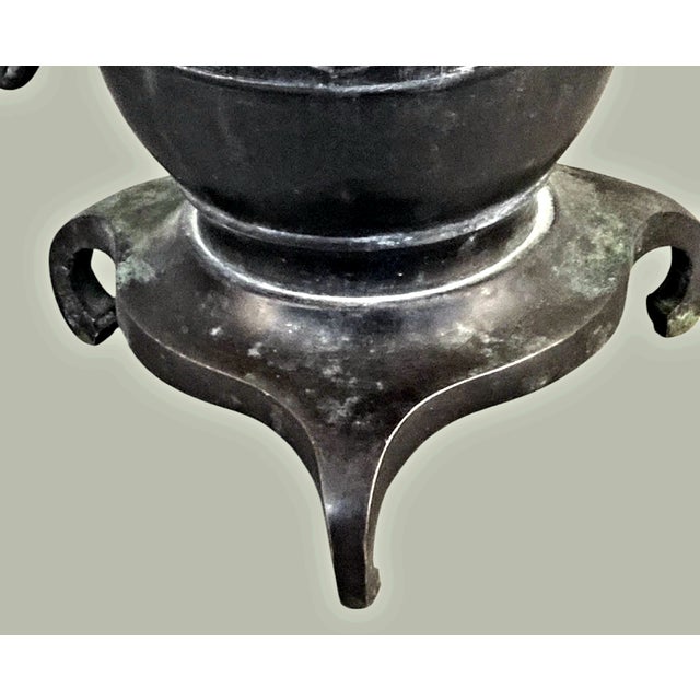Japanese Antique Japanese Ornate Bronze Double Dragon Handle Vase For Sale - Image 3 of 10