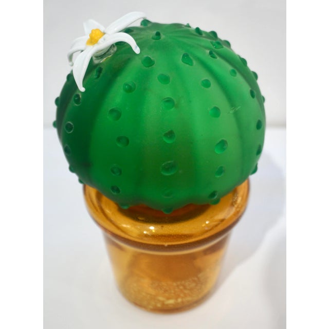Formia Murano Formia 1990s Vintage Italian Green Murano Glass Cactus Plant With White Flower For Sale - Image 4 of 11