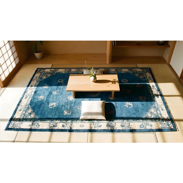 1900s Royal Blue Medallion Antique N. Chinese Peking Rug 12'2" X 18' Handknotted Wool Carpet For Sale - Image 9 of 9