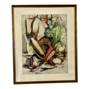 Original 1955 Still Life by William Oberman – Colored Charcoal, Framed