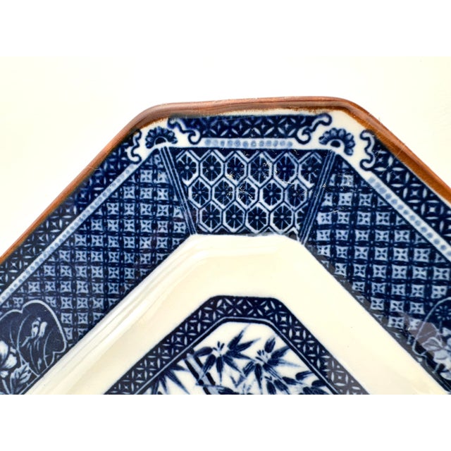 Ceramic Antique Blue White Octagonal Dish Bamboo Floral Trinket Plate For Sale - Image 7 of 8